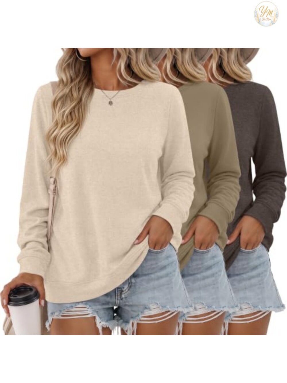 3 Pack Women's Long Sleeve Crewneck Pullover Sweatshirts Soft Stretchy